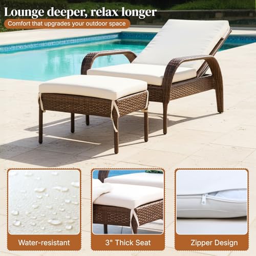 Image of DEVOKO Outdoor Wicker Patio Loung Chair with Ottoman Set All Weather HDPE Rattan Strong Metal Frame Weather Resistant Cushions for Poolside,Garden, Balcony (Dark Brown & White)