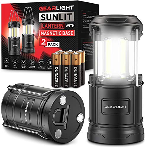 GearLight Camping Lantern – 2 Portable LED Battery Powered Lantern with Magnetic Base and Foldable Hook for Emergency Use or Campsites, Essential Hurricane Survival Kit with Batteries