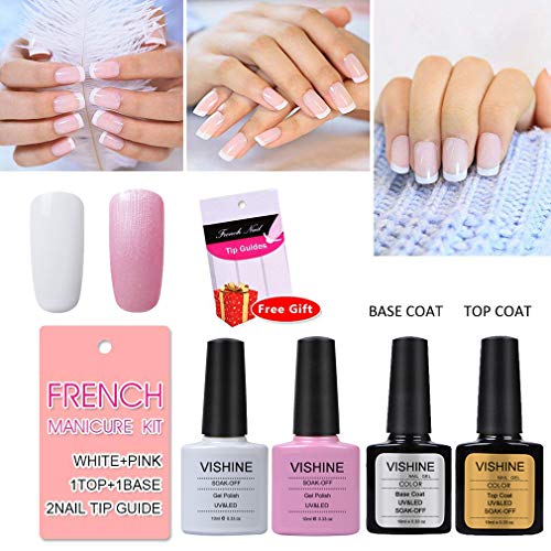 Vishine French Manicure Kit Base Top Coat Color White Pink Nail Polish Gel 10ml & Tips Guides Stickers