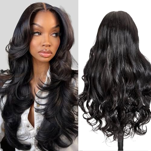 Linrkeyy Synthetic 13x6 HD Lace Frontal Wigs Pre Plucked 26 Inch Long Black Body Wave Wigs For Women 100% Futura Premium Ready Wear Wig With Natural Hairline Beginner Friendly Daily Party Use