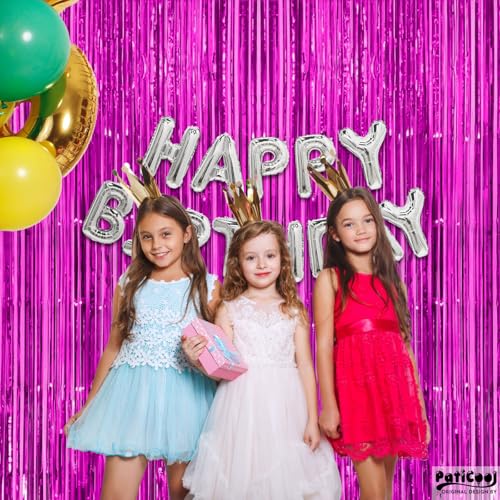 Image of Thicken Hot Pink Streamers 4 Pack 3.2x8.2 FT, Hot Pink Tinsel Fringe Backdrop Curtains for Birthday, Luau, Hawaiian Party Decorations