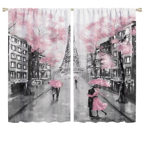LOMADIA Eiffel Tower Blackout Curtain,Oil Painting Style Pink Paris Tower Couple Pattern Window Treatments 2 Panels Drapes for Bedroom Living Room Kitchen Decor 72x63in