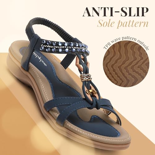 Image of Littleplum Womens Sandals Arch Support Slingback Rhinestone Dressy Sandals Comfort Summer Shoes Ankle Strap Elastic Flats for Beach Walking