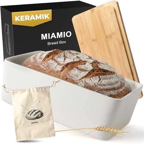 MIAMIO Brotkasten mit Bambusdeckel/Brotkasten Keramik Brotbox mit Holzdeckel verwendbar als Schneidebrett 32 x 20 x 11 5 cm (Weiß)