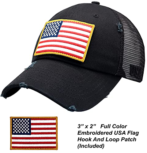 Image of Antourage American Flag Unconstructed Unisex Mesh Snapback Baseball Hat Cap for Men and Women +2 Patriotic Patches Included