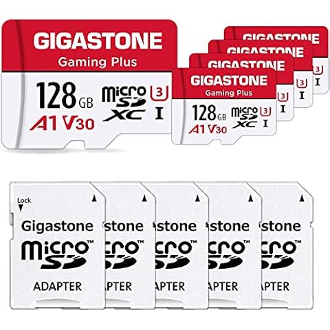 GIGASTONE Micro SD Card 128GB 5-Pack, Gaming Plus, MicroSDXC Memory Card for Nintendo-Switch, Security Camera, Dash Cam, UHS-I U3 A1 Class 10, up to 100MB/s, with MicroSD to SD Adapter Cover