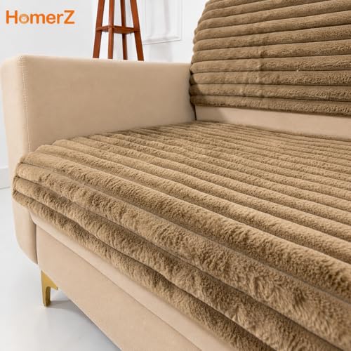 Image of Homerz Premium Rabbit Fur Sofa Cover with Anti-Skid Backing, Soft Plush Fabric Sofa Protector for Living Room Furniture (Coffee, 5 (3+1+1) Seater, Seat Cover with Backrest)
