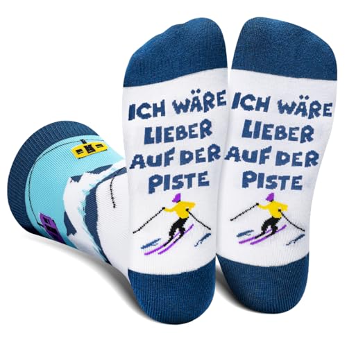 AGRIMONY Lustige Socken Herren Damen Jungen - Witzige Skisocken mit Spruch ICH WÜRDE LIEBER AUF DER PISTE - Bunte Coole Verrückte Geschenke Weihnachten Ostern Vatertag Geschenkideen für Papa Männer