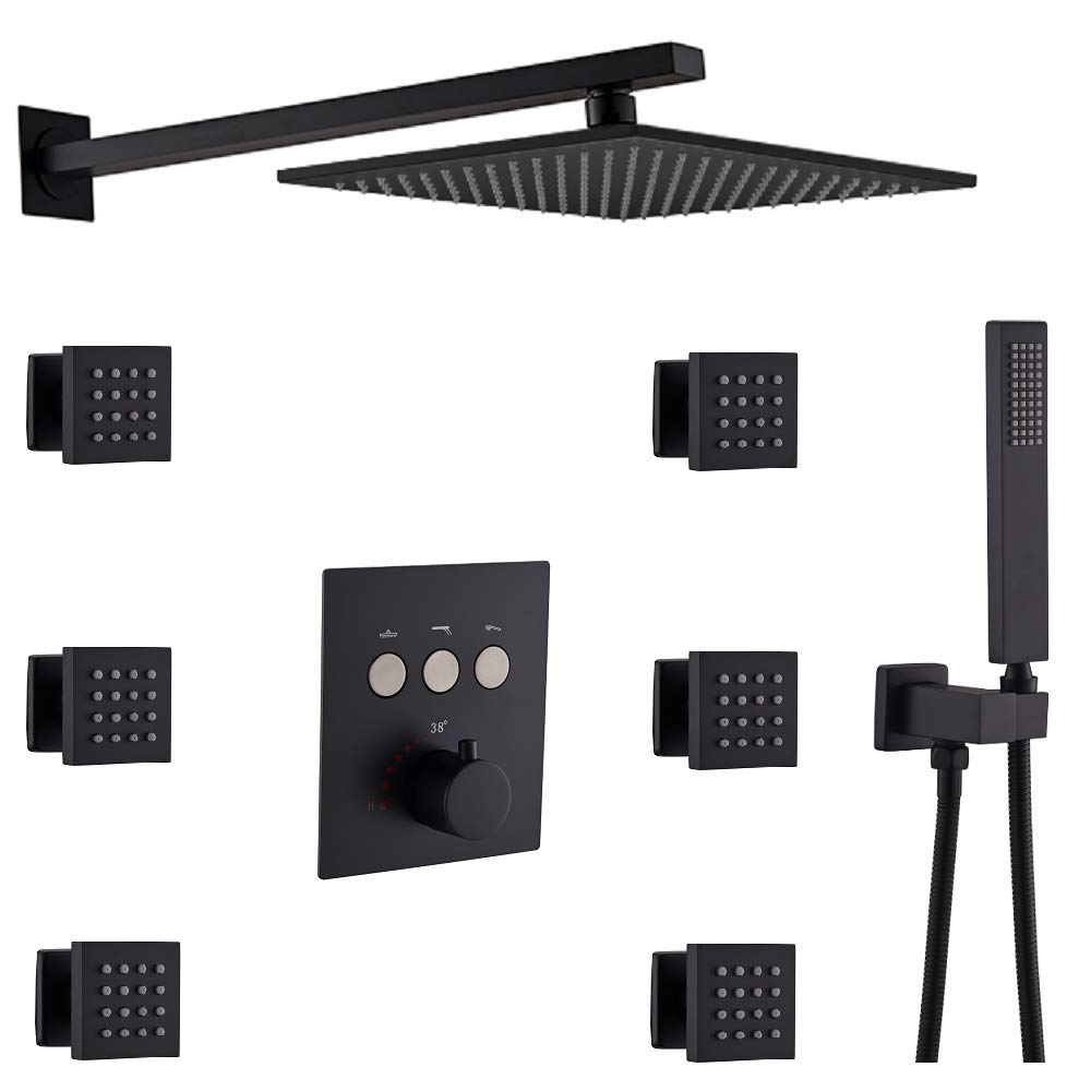Buy ENGA Luxury Matte Black Thermostatic valve Shower System 12" Square