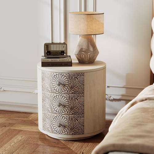 Image of SUNBURY Round Night Stand Set of 2, Farmhouse Bedside Table, Farmhouse End Table, Vintage Wood Nightstand with Drawers, Round Accent Table for Living Room, Bedroom, No Assembly Required