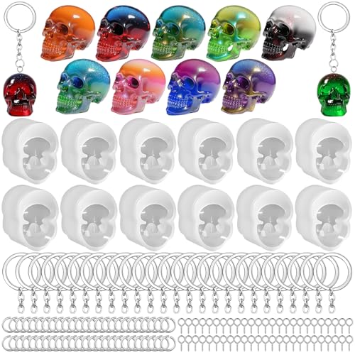 12 PCS Mini Skull Resin Molds Little Skull Molds with 12 Pcs Key Ring Accessory Epoxy Resin Casting Mold for Home and Halloween Decoration