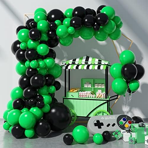 GREMAG Black and Green Balloons Garland Kit, Gamer Birthday Decorations Balloon Arch Kit, 97PCS Matte Green Black Balloons, 18 12 10 5 Inch Latex Balloon for Boys Kids Video Game Football Theme Party