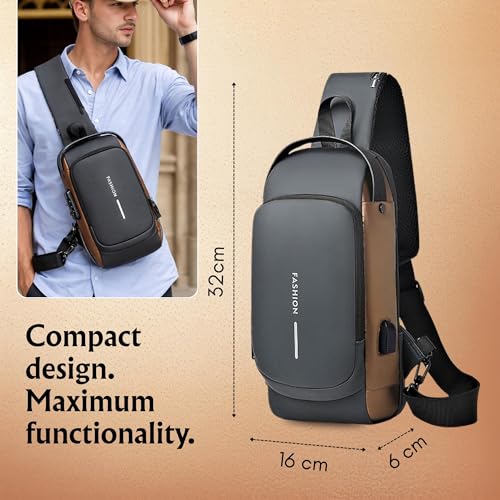 Image of DESYN Multifunctional PU Leather Sling Bag for Men & Women | Anti-Theft Crossbody & Shoulder Bag with Password Lock & USB Charging Port | Waterproof Lightweight Chest Pack for Travel & Office