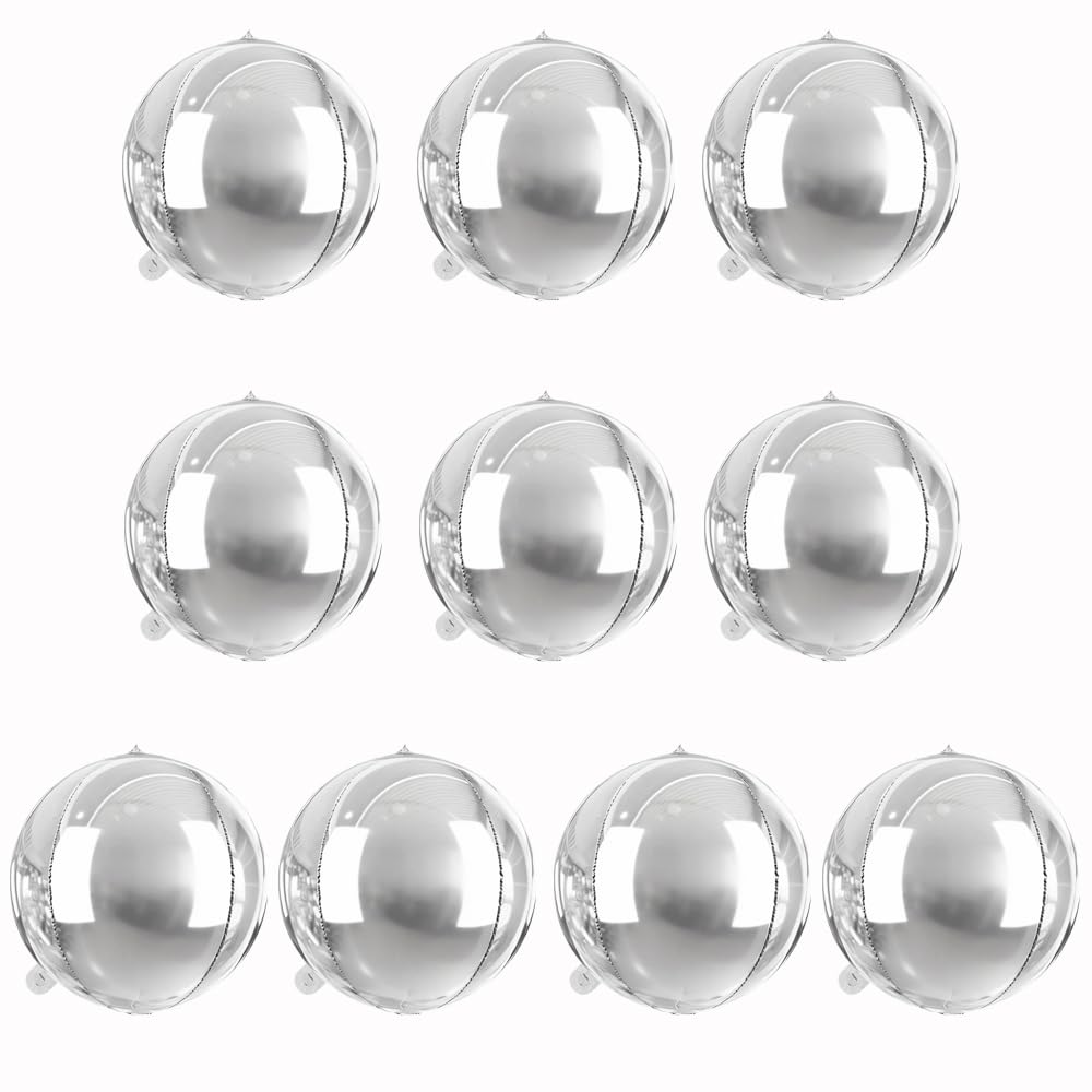 10 pcs Silver 4D balloon, 10 inch Foil Mylar Sphere Balloon for Birthday Party,Wedding,Valentine's Day, Christmas,Baby Shower Decoration Supplies