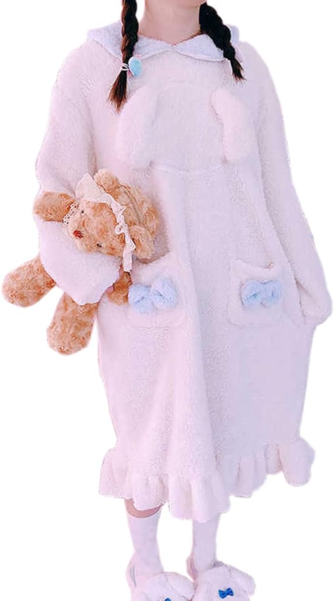 Kawaii Womens Plush Fleece Nightgown Lolita Fuzzy Night Dress Winter Warm Home Outfit Anime 