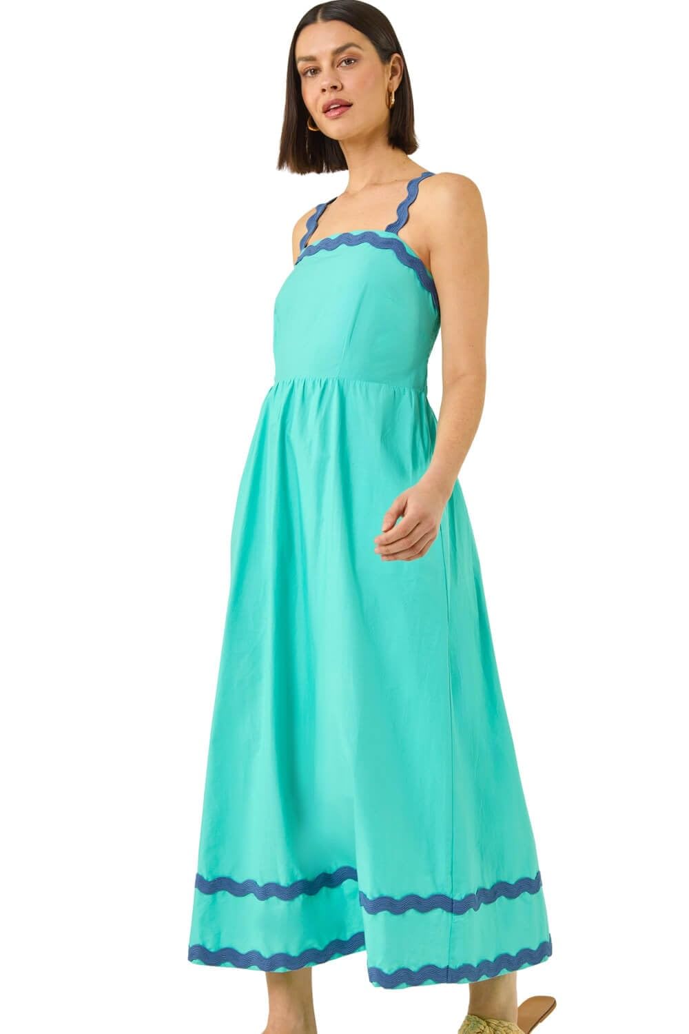 Roman Women's Turquoise Cotton Ric Rac Midi Dress In | : Size 18