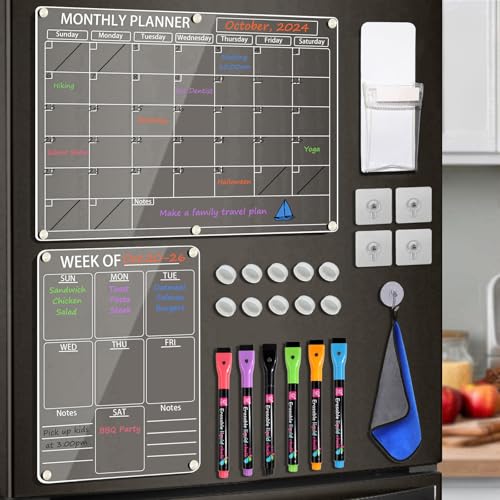 LISSCHANN Acrylic Magnetic Calendar for Fridge 2 Pcs Clear Monthly & Weekly Planner Dry Erase Planning Board for Refrigerator W/ 6 Chalk Markers Pen Holder Adhesive Wall Screws and Towel