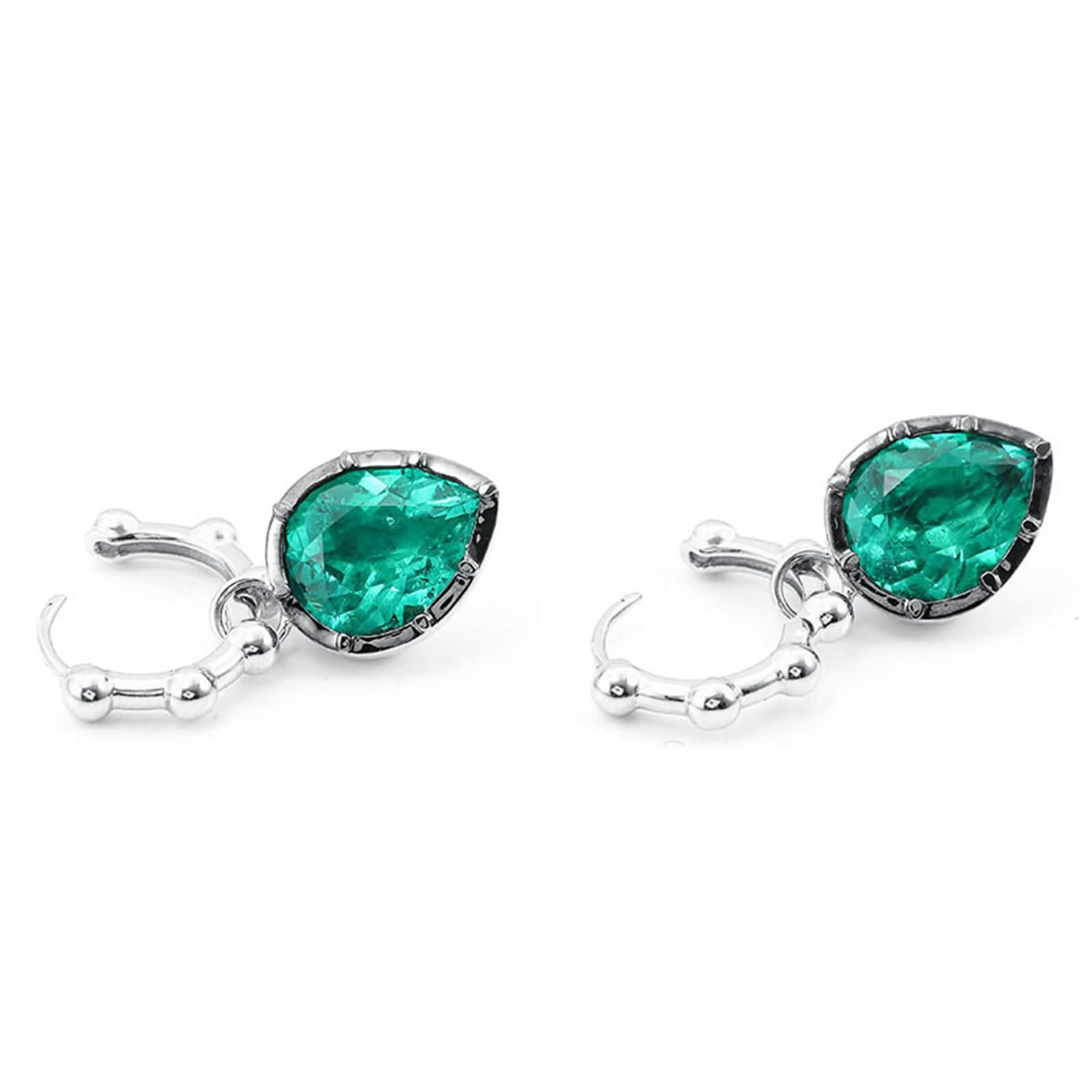 Pendientes de Oro Blanco de 9K / 14K / 18Kt Mujer, Gota de Agua con Esmeralda Creada, Pendientes de Mujer Boda Cuelgan Plata Verde