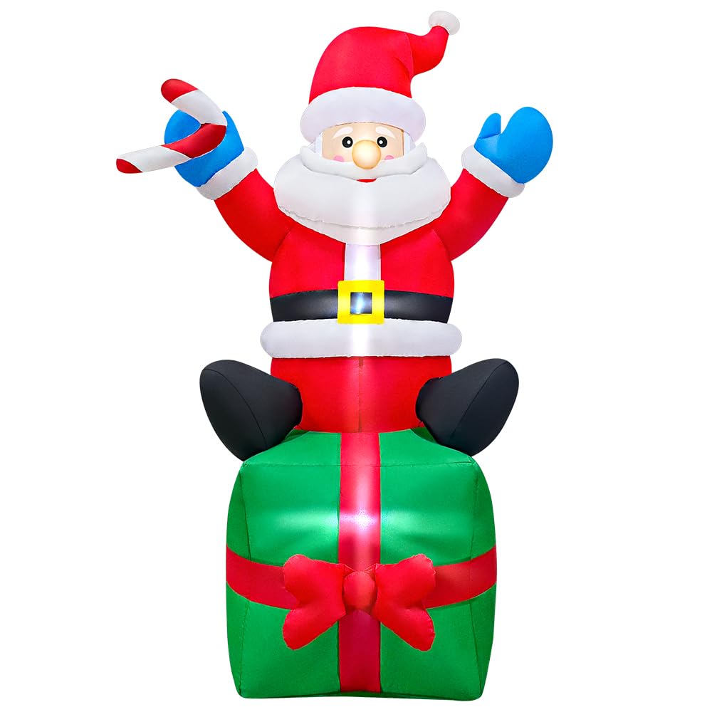 KOOY Père Noël gonflable de 1,8 m assis sur une boîte cadeau, décoration de jardin gonflable, lumières LED pour fête de Noël, décoration de pelouse extérieure