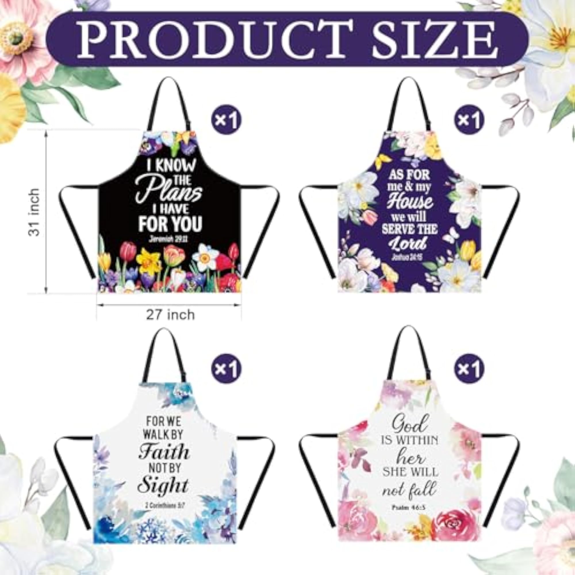 4 Pcs Christian Floral Apron Bulk, Inspirational Gift
