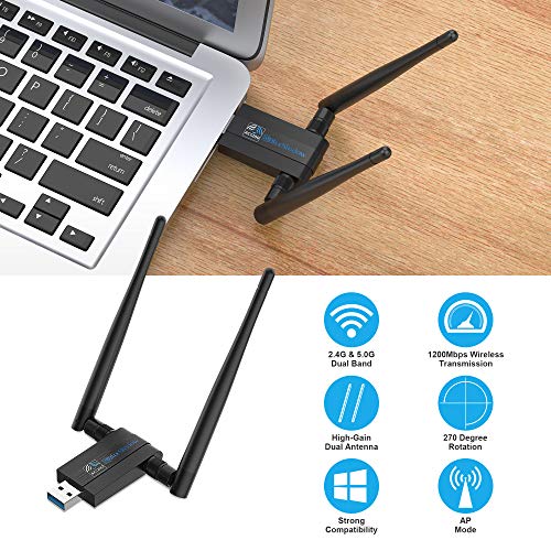 Blueshadow USB WiFi Adapter 1200Mbps -Dual Band 2.4G/5G Mini Wi-fi ac Wireless Network Card Dongle w/2x 5dBi External Antennas for Desktop Laptop PC Windows 10/8.1/8/7/XP, MAC (Upgrade with 2 PA)