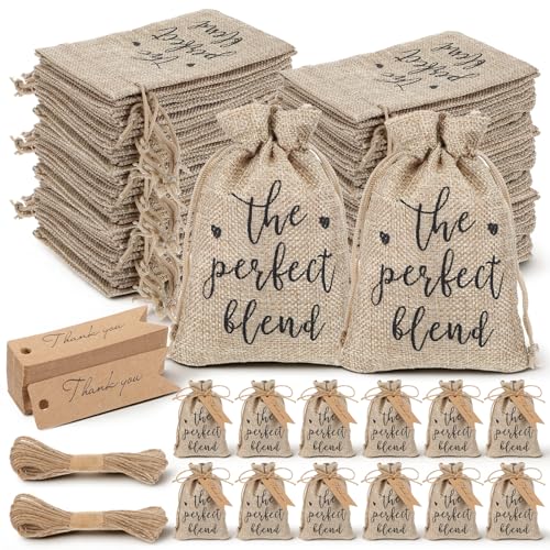 Lemecima 50 Sets Wedding Coffee Party Favors for Guests the Perfect Blend Coffee Bean Bags Thank You Cards Organizer Reusable Burlap Bag and Twine Bridal Shower Souvenirs Gift, No Beans
