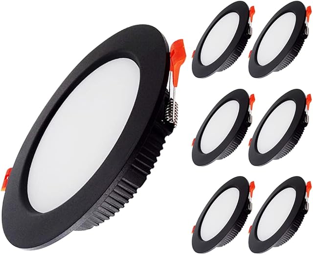 SPAHER Black Led Downlight Recessed Ceiling Light 6 Pack 5W Spotlights Ultra Slim 500LM Cool White 6000K,Cut Φ70-80MM,IP44 AC 230V,Beam Angle 120° Round,for Living Room Bedroom Kitchen Bathroom