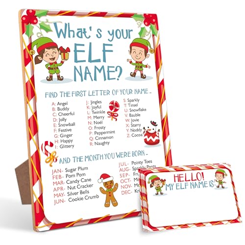Christmas Party Game What's Your Elf Name Game (1 Wooden Sign with Stand + 50 Name Cards), Christmas Games for Families, Holiday Games - MB04