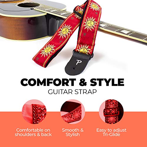 Perri’s Leathers Adjustable Guitar Straps For Kids, Men & Women - Jacquard Guitar Strap For Acoustic, Bass And Electric Guitars - Guitar - Adjustable Size - Red With Sunshine Motif #TOP6