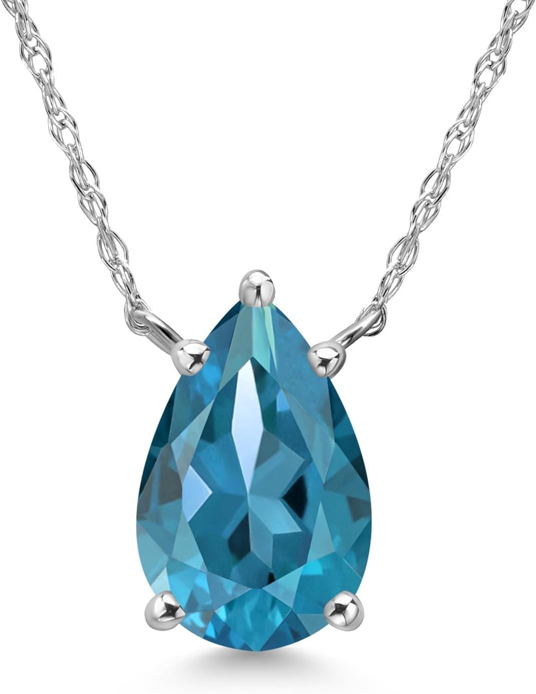 Gem Stone King 14K White Gold London Blue Topaz Pendant Necklace for Women | 2.50 Cttw | Gemstone November Birthstone | Pear Shape 10X7MM | With 18 Inch Chain