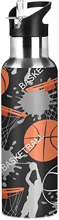 AUUXVA Basketball Sports Water Bottle Thermos with Straw School Vacuum Insulated Stainless Steel Thermos Bottle Cup Leakproof Sport Travel Cup Mug Handle for Man Woman 20Oz
