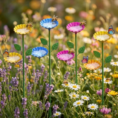 AQGQTQ Bee Watering Station for Garden 4 Pack Metal Double-Flower Bee Bath Garden Stakes Colorful Bee Cups Pollinator Feeder Outdoor Decor for Bees Butterflies Yard Garden Decorations