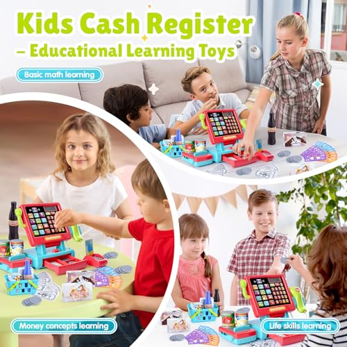 Image of PLAY Kids Cash Register Toy Supermarket with Register Pretend Play Calculator Register Toys with Scanner /Microphone /Credit Card /Conveyors /Cans /Drink /Play Money, Cash Register for Kids Ages 3+
