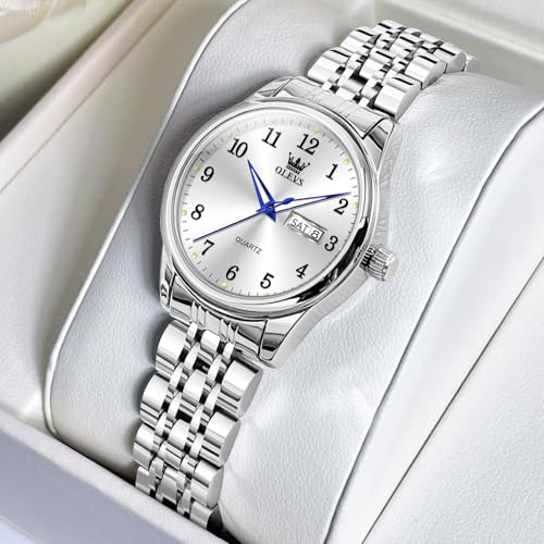 OLEVS Silver Stainless Steel Womens Watch, Classic Roman Numerals Day Date Watches for Women, Luxury Diamond Analog Quartz Ladies Watch - Image 5