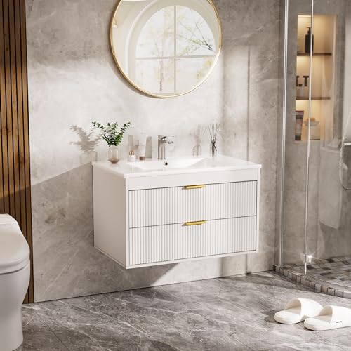 MSFE Mueble Baño Lavabo Suspendido,Mueble de Baño con Lavabo Porcelana Blanca 2 cajones suspendido,Conjunto Mueble de Baño,Mueble de Baño con Lavabo,Mueble Lavabo,Enviado en 2 Paquetes,74 * 46 * 46CM