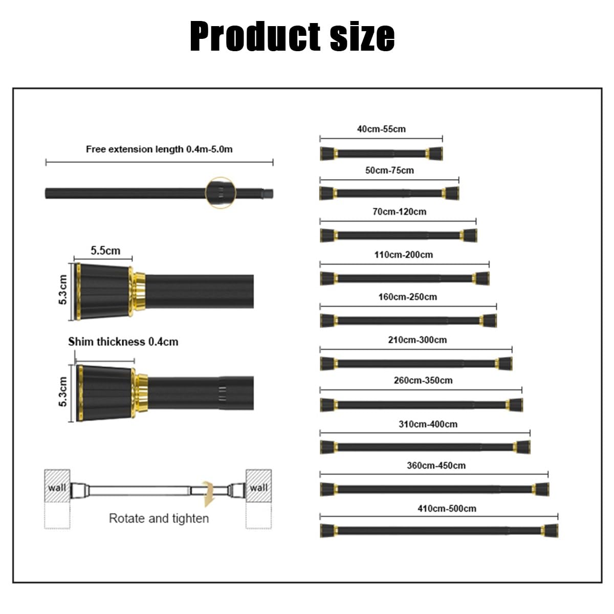 Barra de acero inoxidable de alta calidad ajustable de 40 a 500 cm, 3 m de diámetro, ideal para armario, ducha, separador de ambientes (color acero inoxidable)