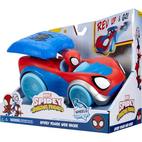 Jazwares Marvel Spidey and His Amazing Friends Power Web Racer - 8-Inch Vehicle with Rev Up Spoiler, Light Up Wheels, and Built-in-Character
