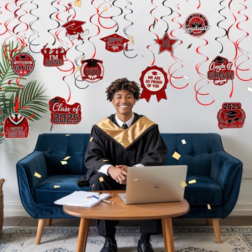 Image of Graduation Hanging Swirls, Graduation Decorations Class of 2025, 30 PCS Red and Black Graduations Party Decoration Congrats Grad Hanging Swirls Ceiling Streamers for School Graduations Party Supplies