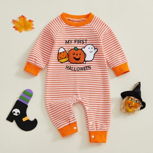 Baby Girl Thanksgiving Day Romper Long Sleeve O Neck Pumpkin Embroidery Striped Jumpsuit4