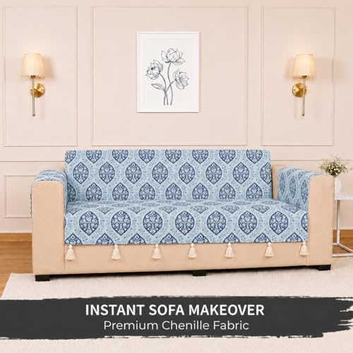 Image of STITCHNEST 'Eden Weaves Collection Series' 1 Seater Sofa Cover | Full Coverage with Armrest Pockets | Elegant Woven Fabric, Decorative Tassels, Washable & Durable for Modern Living