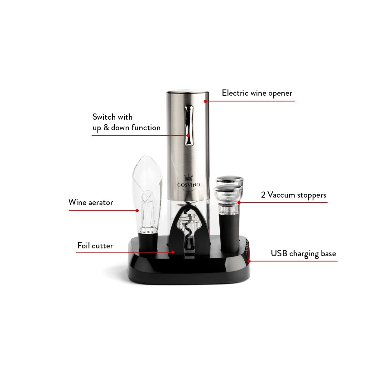 Abrebotellas de vino eléctrico de alta calidad con base de carga, diseño italiano de calidad, juego de abridor de vino eléctrico, abridor de sacacorchos, estación de carga de pantalla, un regalo único 3
