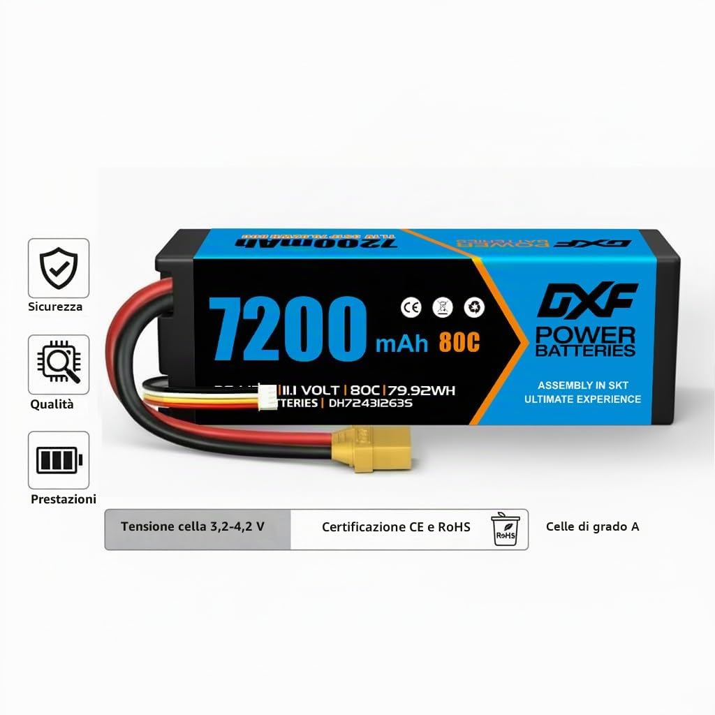 DXF Batteria LiPo 3S 11.1V 7200mAh 80C Spina XT90 Auto RC Aereo Elicottero Truck Buggy 1/8 1/10 Touring Car Alta Capacità Potente Gare Racing Corse Modellismo 1 Pezzo