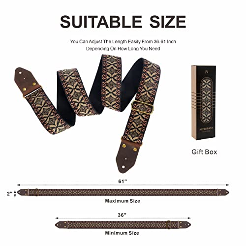 Image of Nefelibata Guitar Strap,Jacquard Embroidery Cotton Guitar Straps with Crazy Horse Leather Leather Ends for Bass, Electric & Acoustic, Best Gifts for Kids, Guitarists(Golden embroidery)