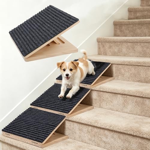 AIHSUMC 3 Pack Adjustable Dog Ramp for Stairs, Upgraded Anti-Slip Stair Pet Step for Small Dogs with Soft Carpet Surface, Portable Dog Stairs for Small Dogs & Cats – Ideal for Elderly & Injured Pets