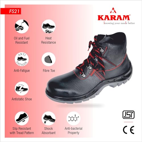 Image of KARAM FS21 Black Leather Safety Shoes for Men | Double Density with Fiber Toe | Antistatic, Antislip, Oil & Heat Resistant | Size-13