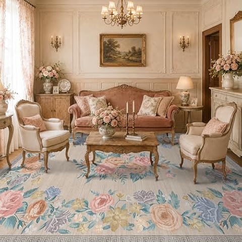 Evyhood-US Beige Vintage Floral Area Rug 8x10, Washable Non Slip Soft Low Pile Living Room Rug, Rose… — $69.99 (18% off)