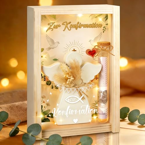 Konfirmation Geschenk für Mädchen Junge Konfirmation Geldgeschenke mit LED Getrocknete Blumen Holzbox Grußkarte Engel und Fische Geldgeschenke Verpackung