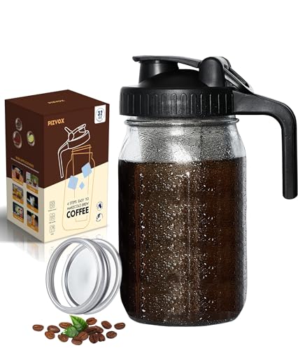 PIZVOX Jarra para cafeteira Cold Brew - 946 ml de vidro grosso tampa com alça e filtro de aço inoxid