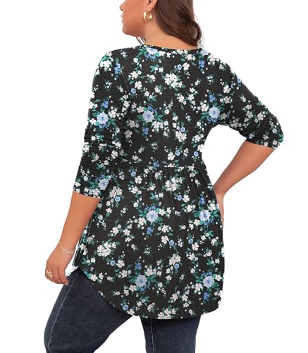 SHIJIALI Women's Plus Size Tops V Neck Henley Shirts Casual Long Sleeve Swing Flowy Blouse for Leggings FP-Black Periwinkle-XX-Large — view 2