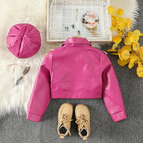 Toddler Girls Faux Leather Motorcycle Jacket Cute Ruffle Spring Fall PU Coat and Hat 2 to 7 Years Top Runaways Hot Pink2